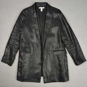 Chicos 100% Linen Blazer Jacket Size 0 Black Open Front Lined Career Preppy